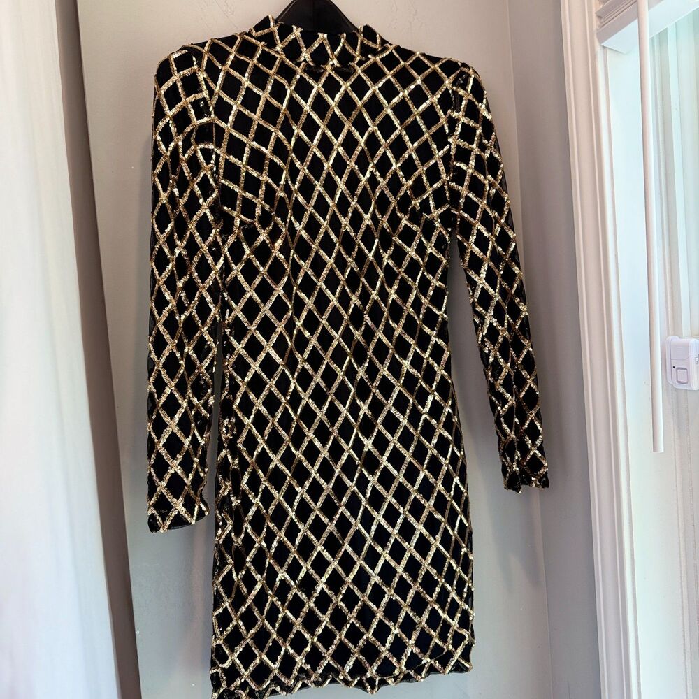 Hot Miami Styles Black and Gold Sequin Long Sleeve Mini Dress (Size Medium)